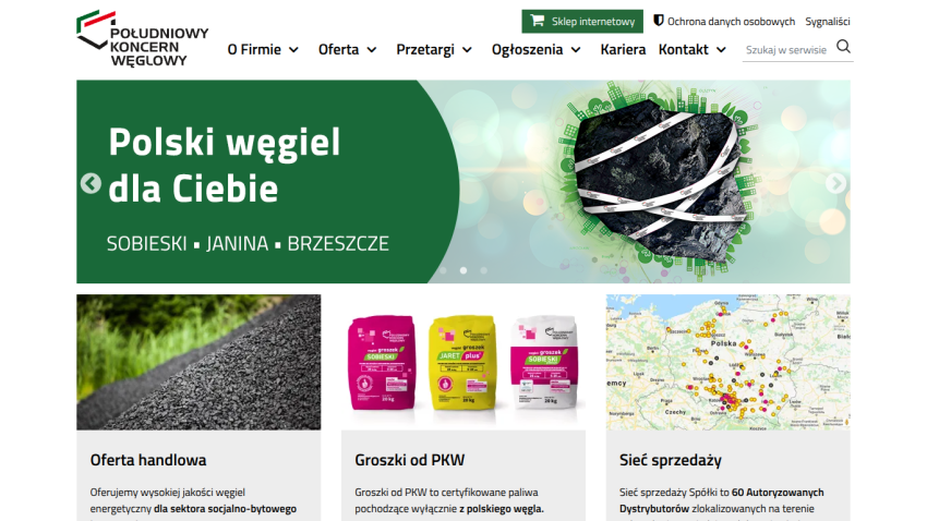 Polish coal company website with navigation menu, hero banner promoting Polish coal, product images, and sales network map