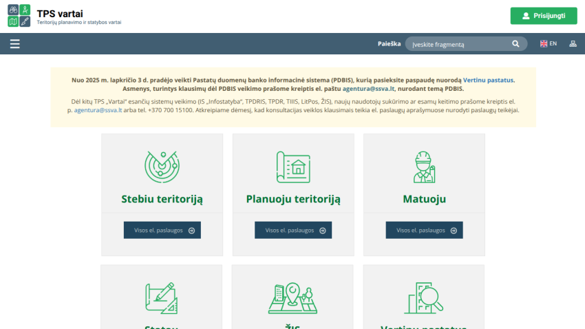 TPS vartai website with navigation, search bar, and service options for territory monitoring, planning, and measurement