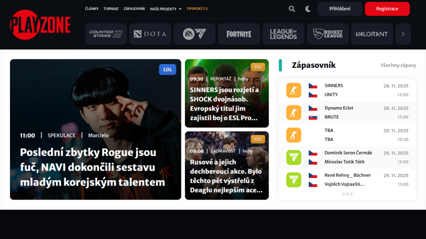 Esports news site with headlines on Rogue and NAVI, upcoming match schedule, and navigation for games like Counter Strike and Fortnite