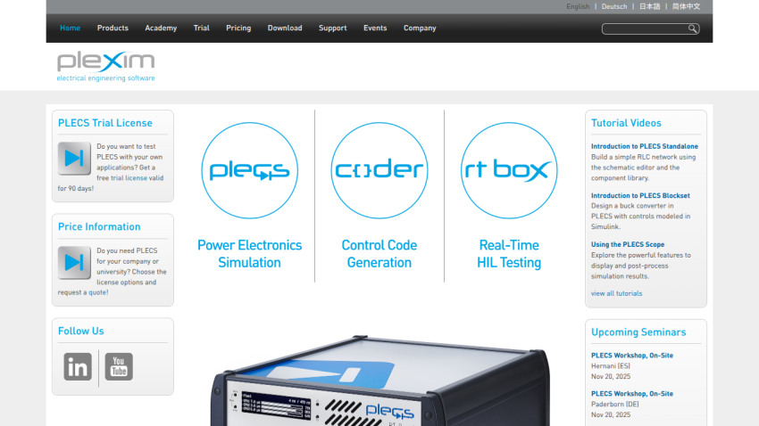 Plexim electrical engineering software homepage featuring Power Electronics Simulation, Control Code Generation, Real-Time HIL Testing, and tutorial videos