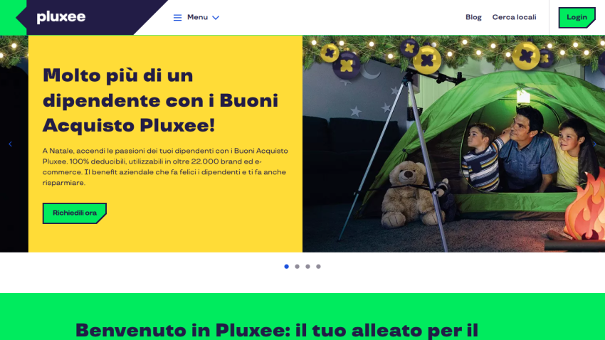 Pluxee homepage hero promoting employee gift vouchers with a family camping scene and call to action button