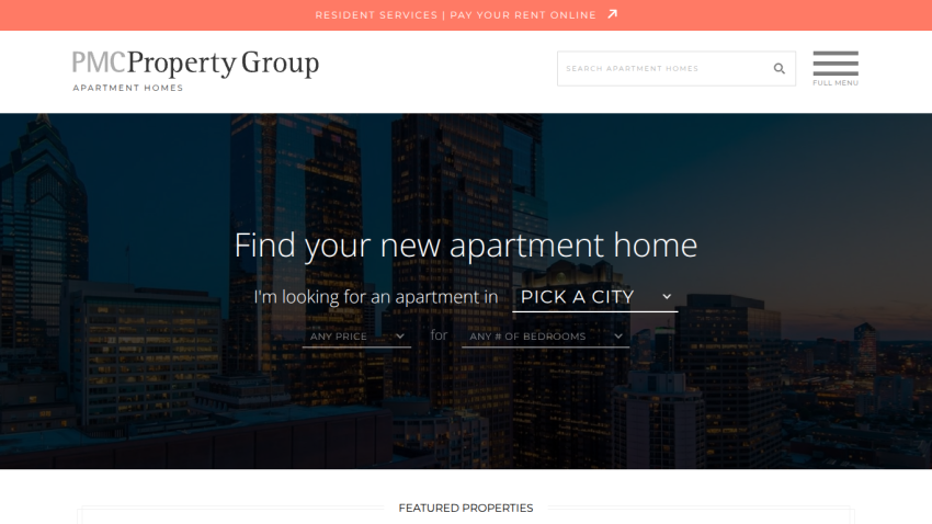 PMC Property Group homepage with city, price, and bedroom filters to find apartment homes.