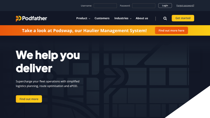 Podfather homepage with navigation, login, and hero text about fleet operations and logistics planning
