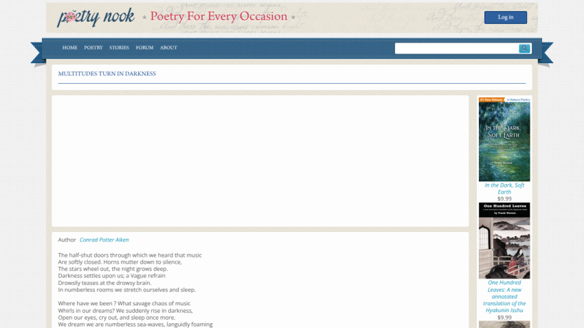 Poetry website featuring a poem titled 'Autumn' by Conrad Aiken with navigation and search bar at top