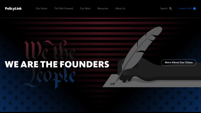 PolicyLink website header with navigation and hero section stating 'We Are The Founders' and a hand writing with a quill