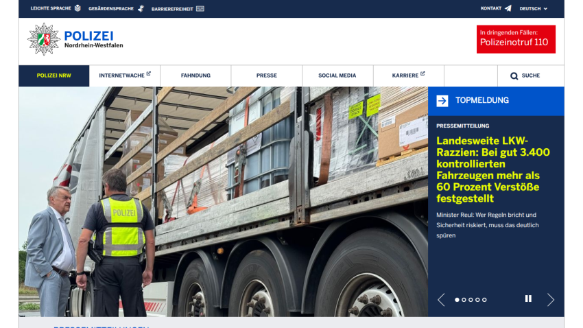 Police website featuring a news article about truck inspections with an image of officers and a truck.