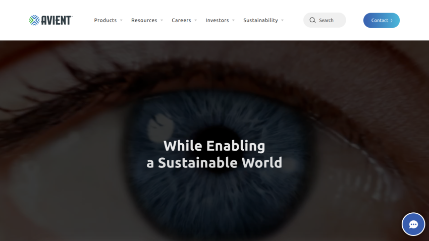 Avient website with navigation and headline about innovating material solutions for sustainability