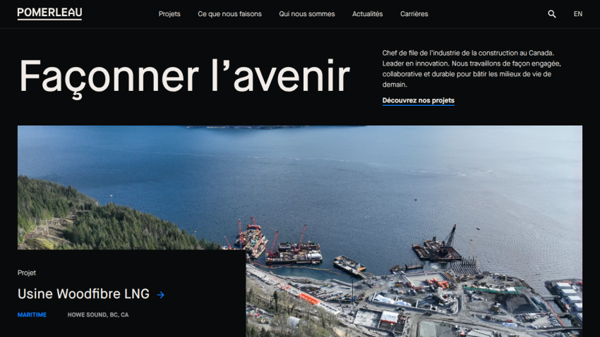 Pomerleau construction company homepage featuring a maritime LNG project in Howe Sound, BC, Canada with a large aerial photo and French text about industry leadership and innovation