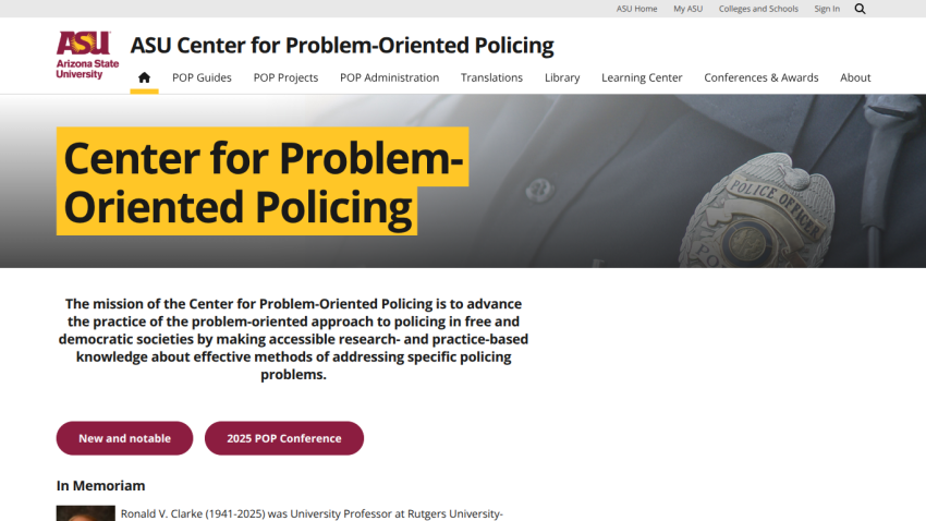 ASU Center for Problem-Oriented Policing homepage with mission statement and navigation links
