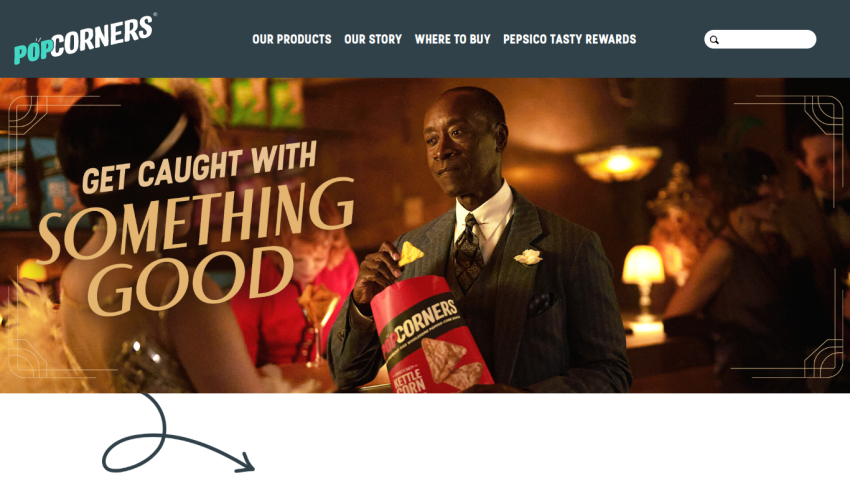 PopCorners website header with navigation and hero image of a man in a suit holding a PopCorners kettle corn bag with text 'Get caught with something good'