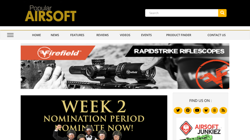 Popular Airsoft website with navigation menu, search bar, and Week 2 nomination period announcement