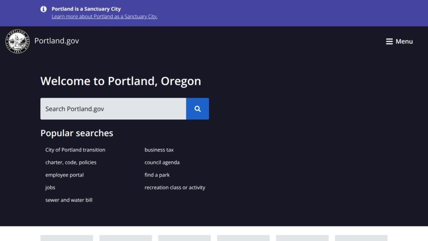 Homepage of Portland.gov featuring a search bar and popular searches.