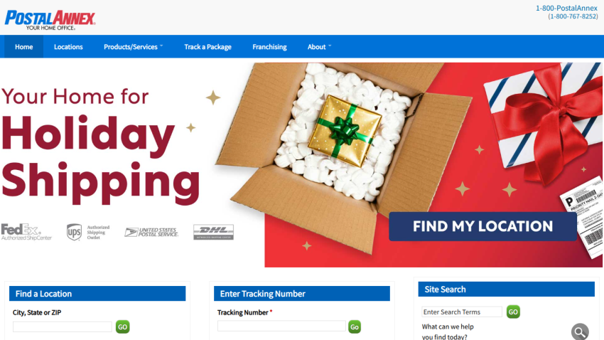 Postal Annex homepage with holiday shipping promotion, location finder, and package tracking input