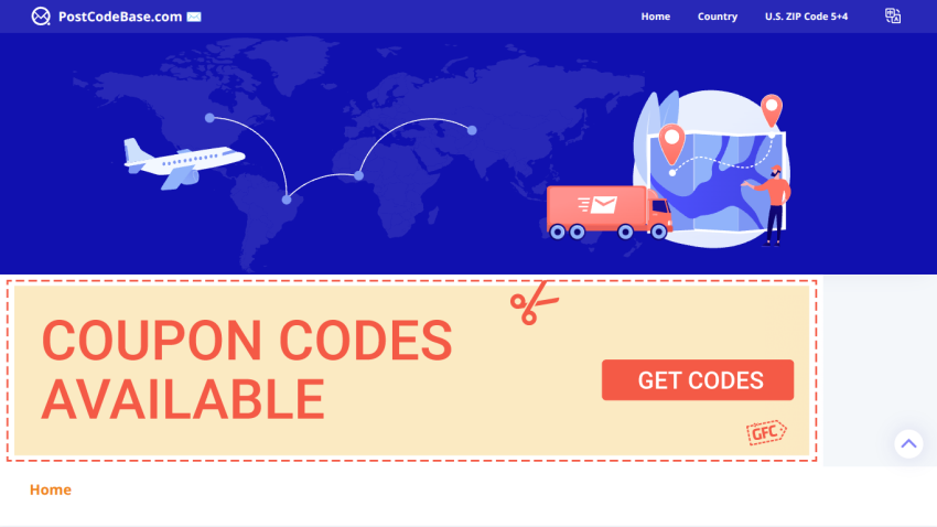 Promotional banner for coupon codes with a world map background and icons of an airplane and truck.
