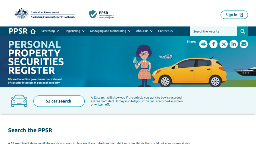Australian Government PPSR homepage with navigation, search bar, and $2 car search info