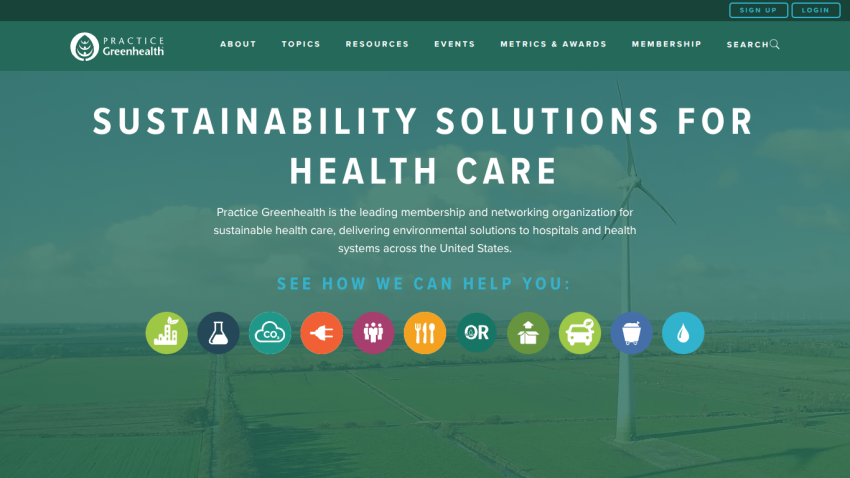 Practice Greenhealth homepage with sustainability solutions for health care and navigation menu