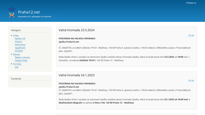 Community network Praha12.net homepage with navigation links and announcements for general meetings on 23.5.2024 and 24.1.2023