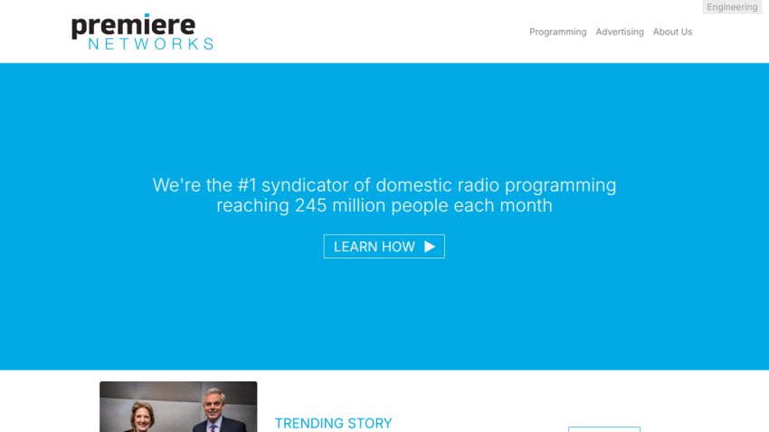 Premiere Networks homepage highlighting its position as the #1 domestic radio programming syndicator reaching 245 million monthly