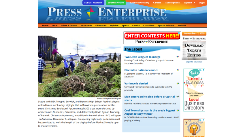 Press Enterprise homepage with news about local events, contests, and latest headlines including Christmas Boulevard preparation and local council news