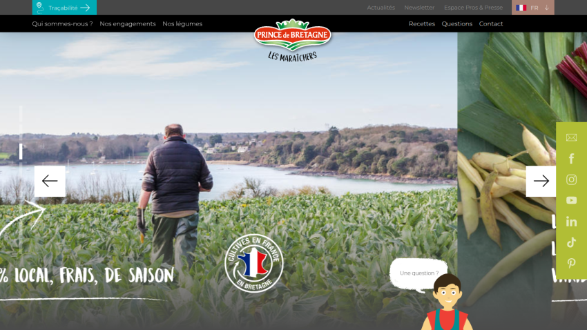Prince de Bretagne website showing a farmer in a field with text about local fresh seasonal produce.