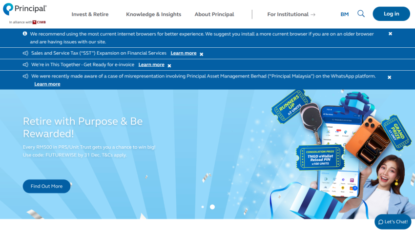 Principal website hero section promoting retirement rewards with a chance to win prizes using code FUTUREWISE