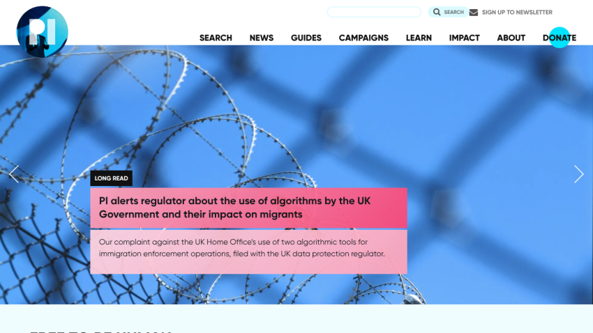 Homepage featuring a message about the use of algorithms by the UK Government on migrants.
