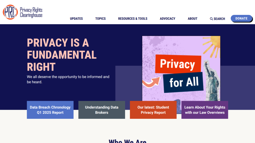 Homepage promoting privacy rights with key messages and links to resources.