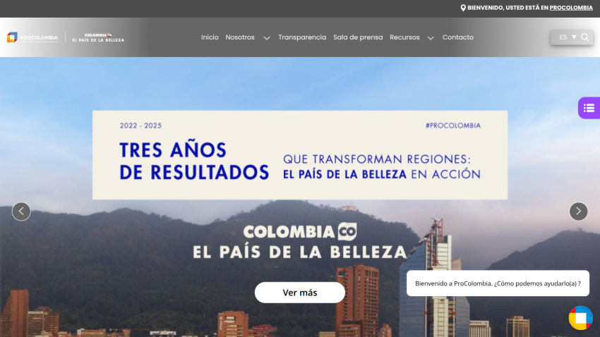 Website header with navigation and hero section showing Colombia's beauty and regional transformation results