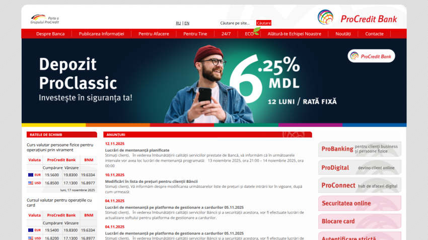 ProCredit Bank homepage featuring ProClassic deposit with 6.25% MDL interest for 12 months fixed rate and currency exchange rates