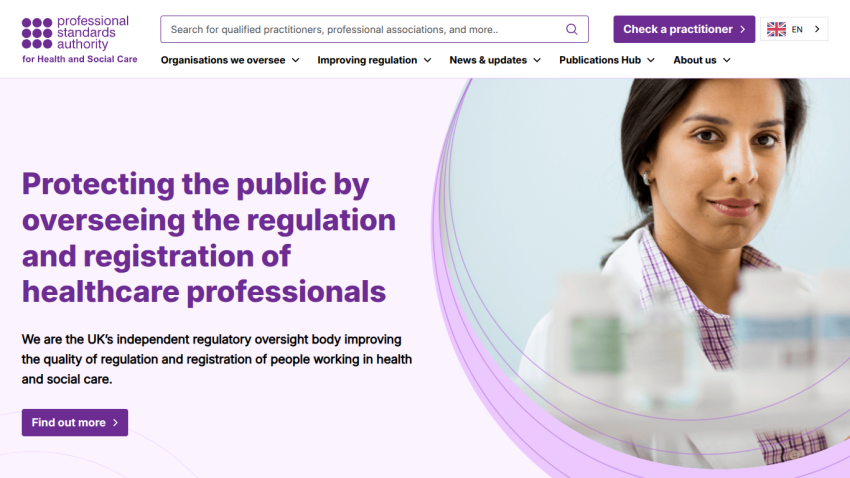 Professional Standards Authority homepage highlighting regulation and registration of healthcare professionals with a call to action button
