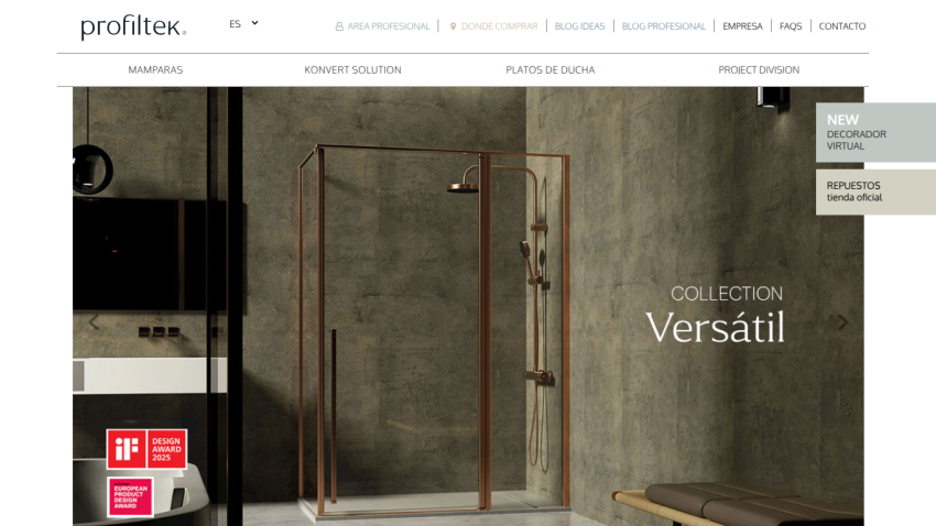 Versátil collection shower enclosure displayed with awards and navigation menu in Spanish