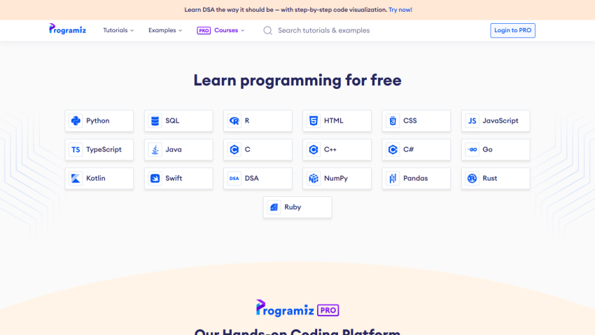 Homepage offering free programming courses with various languages listed.