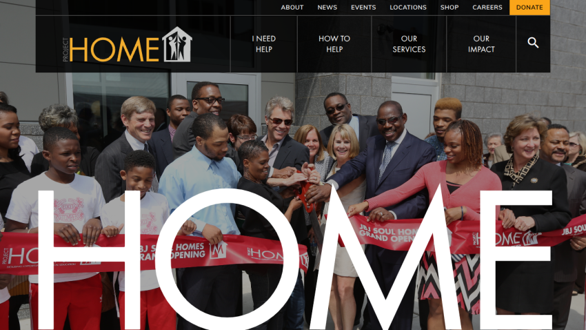 Project HOME website with navigation links and a group of people cutting a red ribbon at a grand opening event