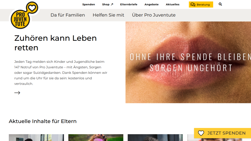 Pro Juventute website top section with headline about listening saving lives and donation call to action