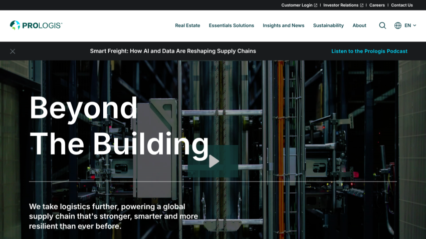 Homepage featuring the headline 'Beyond The Building' with a focus on logistics and supply chains.