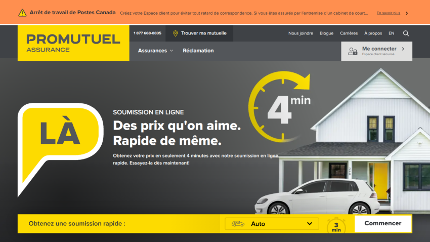 Promutuel Assurance homepage offering quick online insurance quotes in 4 minutes with a white car and house image.