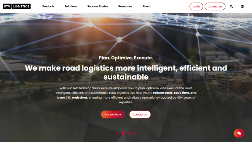 PTV Logistics homepage with headline about making road logistics intelligent, efficient, and sustainable, plus navigation and call-to-action buttons