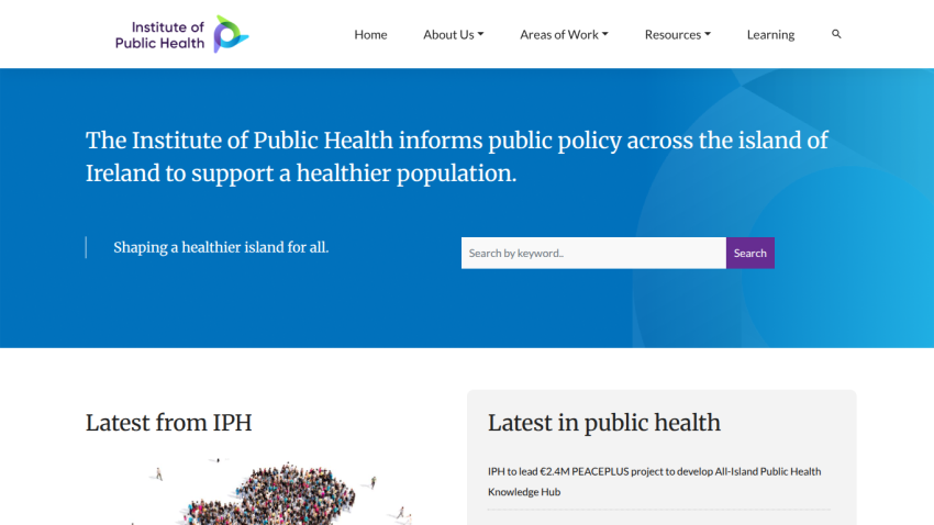 Institute of Public Health homepage with mission statement and search bar for public health resources