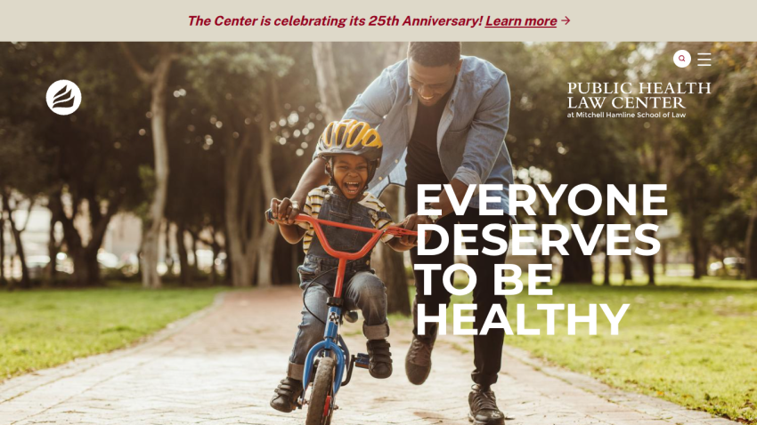 Public Health Law Center homepage with a child learning to ride a bike and text 'Everyone deserves to be healthy'