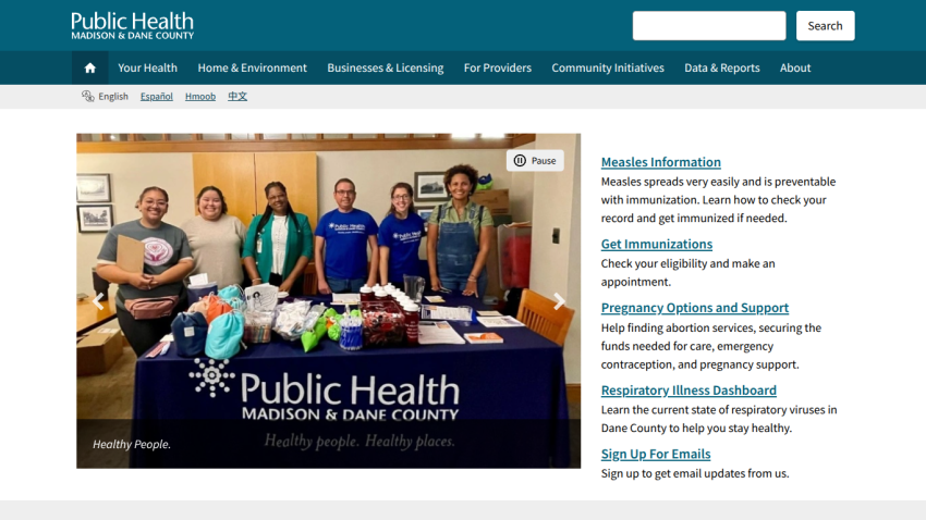 Public Health Madison & Dane County homepage with navigation and links to measles info, immunizations, pregnancy support, respiratory illness dashboard, and email sign-up