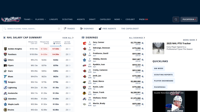 NHL salary cap summary table with team names, cap space, and player signings.