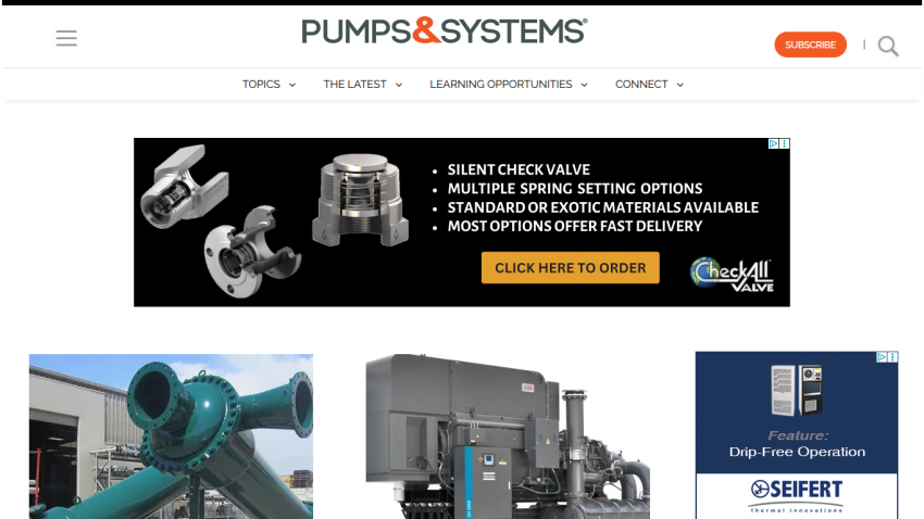 Pumps & Systems website header with navigation and industrial pump product images and ads