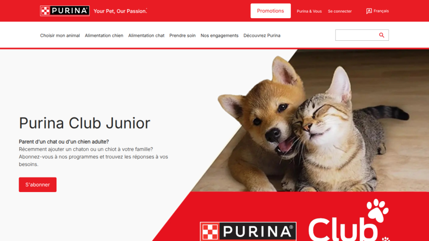 Purina Club Junior subscription page for cat and dog owners with a photo of a puppy and kitten together.