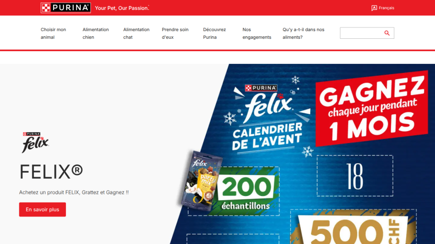 Purina Felix promotional page featuring an advent calendar contest with prizes and a call to action button