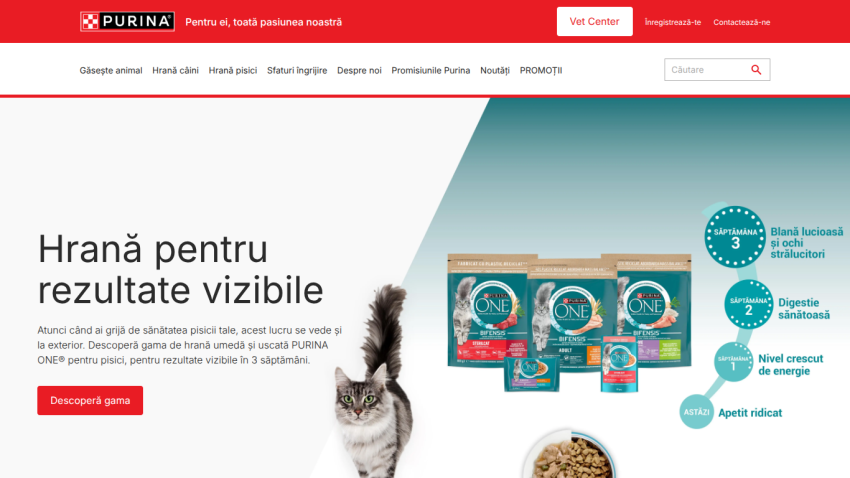 Purina cat food promoting visible health results in 3 weeks with product images and benefits