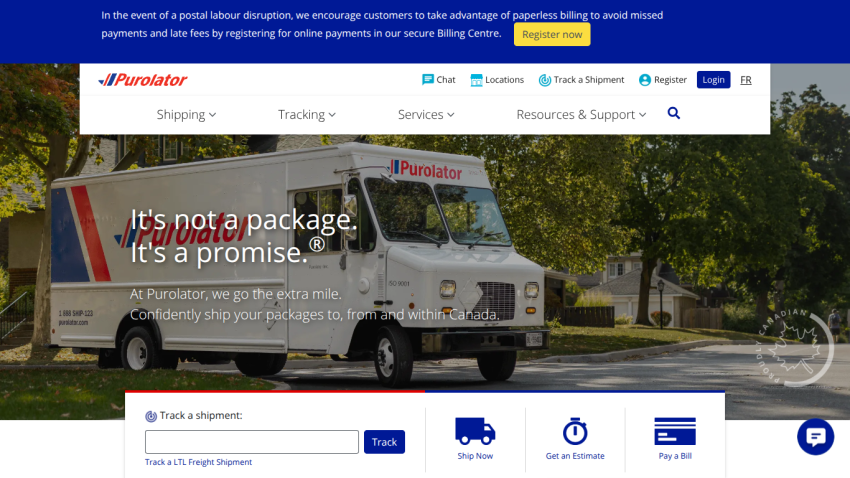 Homepage of a delivery service featuring a truck and the slogan about promises.