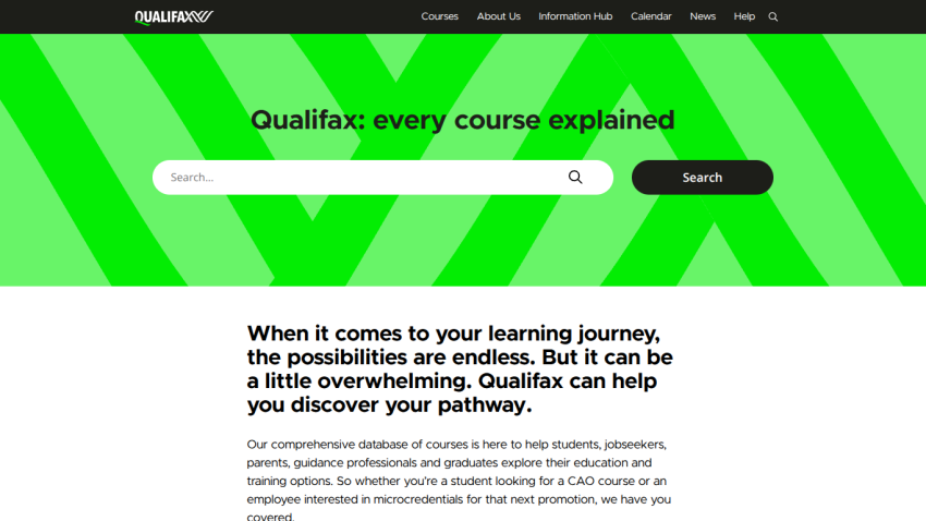 Qualifax homepage with navigation menu, search bar, and introduction to course discovery and learning pathways