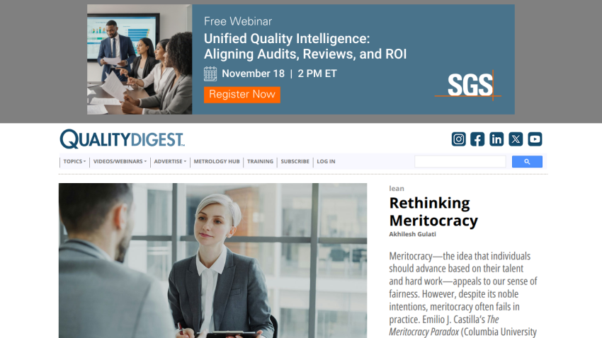 QualityDigest website header with navigation and a hero section titled 'Rethinking Meritocracy' featuring a professional woman in conversation.