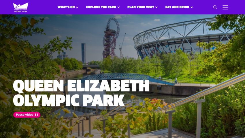 Queen Elizabeth Olympic Park website with navigation menu and scenic park view including stadium and river