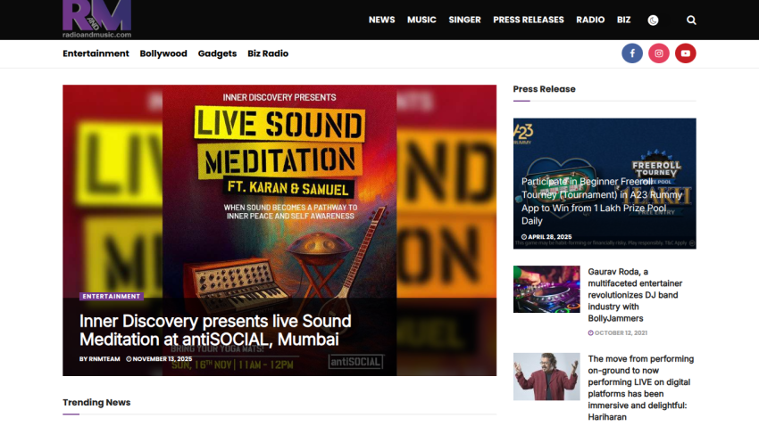 Radio and Music website featuring live Sound Meditation event at antiSOCIAL Mumbai and recent press releases